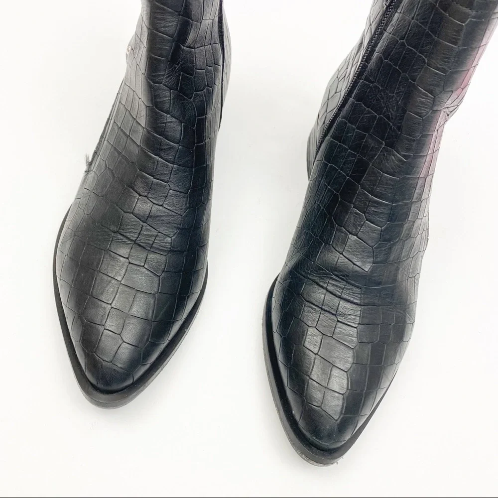 Napoleoni Italy Croc Embossed Leather Moto Zip Ankle Boots: Black